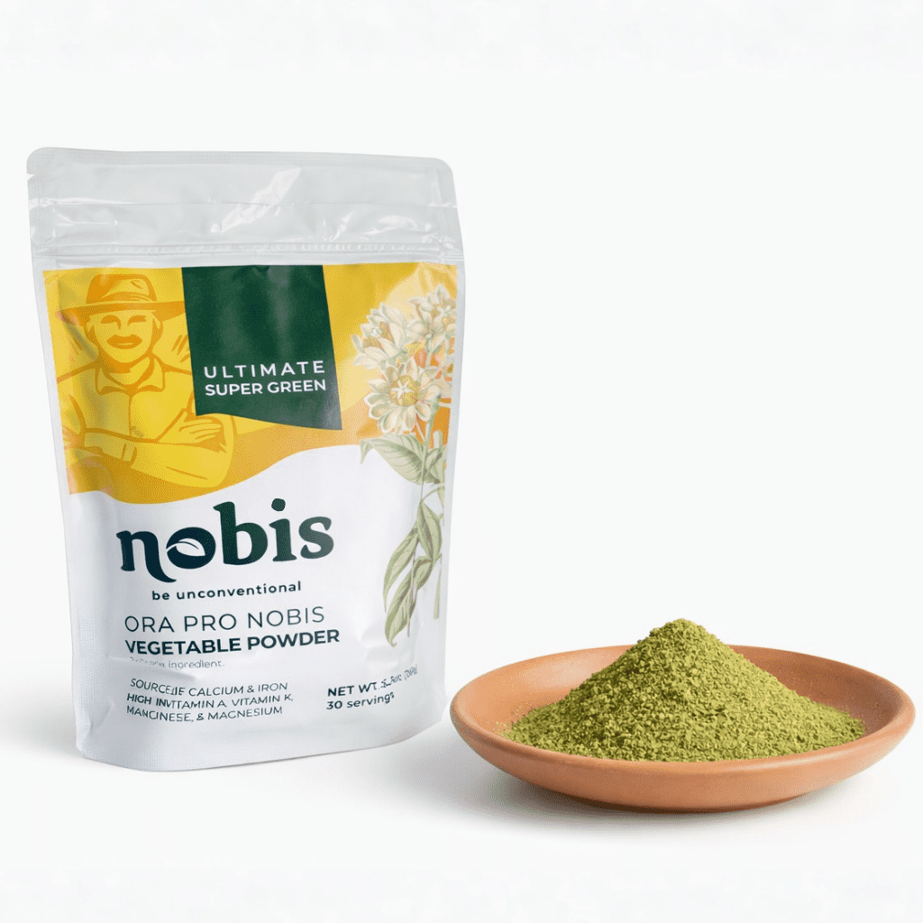 nobis powder package with ora pro nobis powder in a bowl