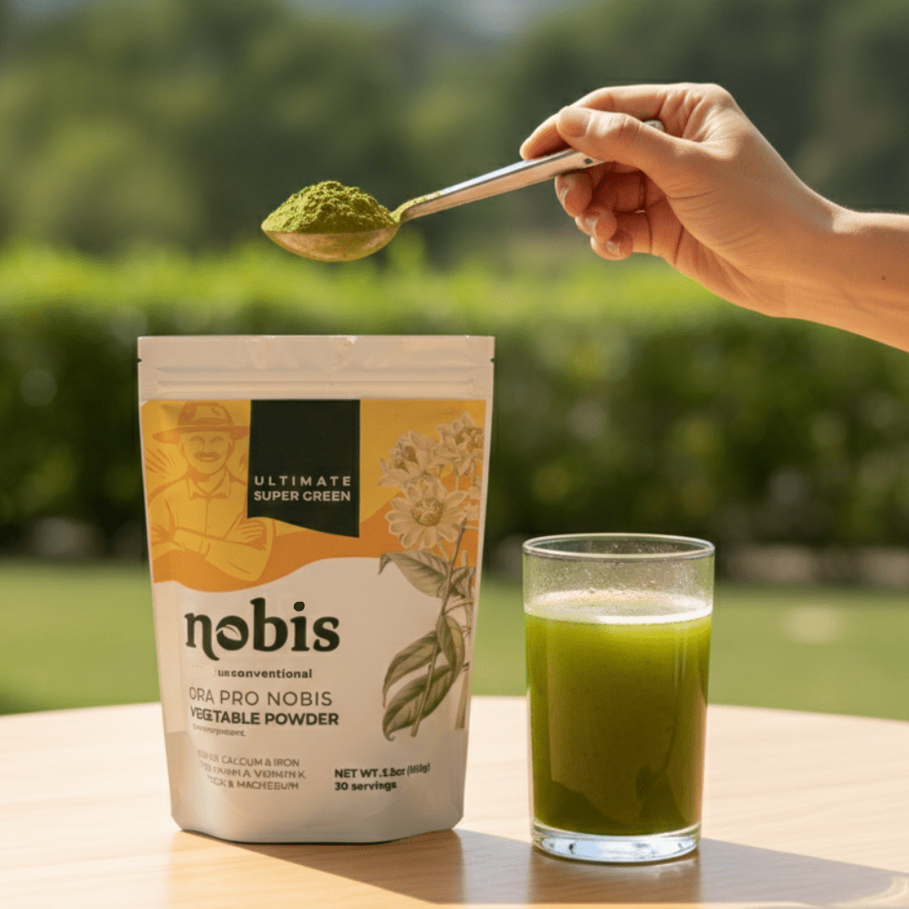 nobis powder package with mixed ora pro nobis drink