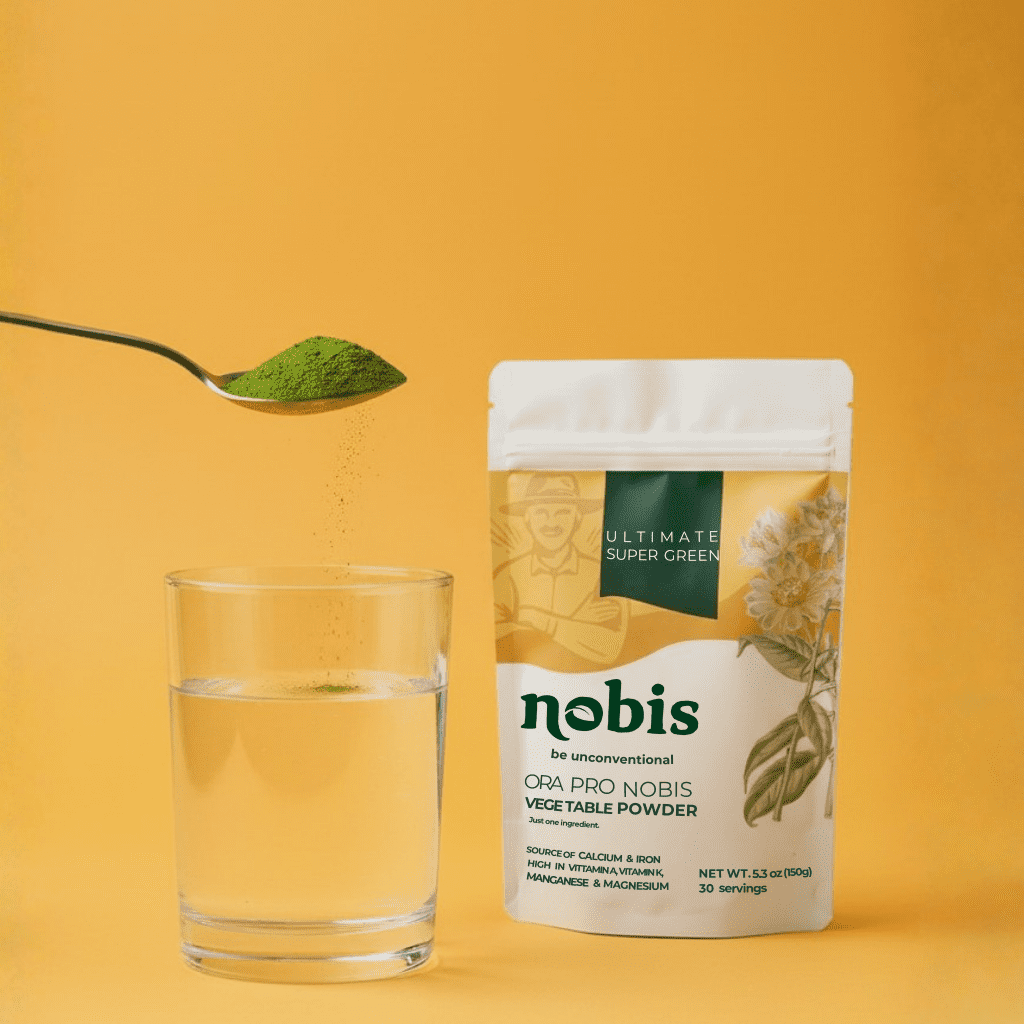 nobis powder package with glass of water for use