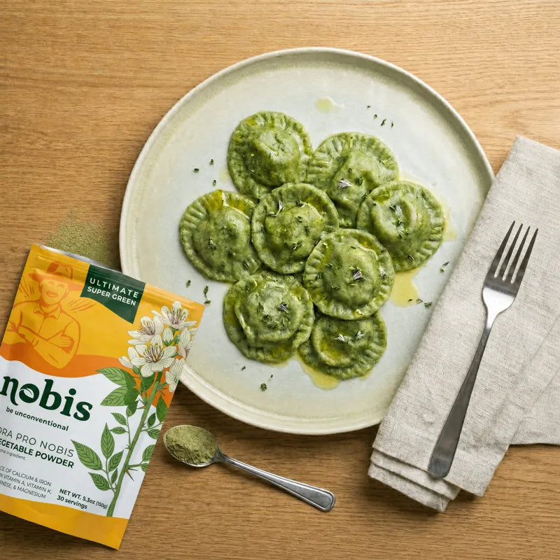 Green ravioli made with ora pro nobis powder, next to an opened pouch