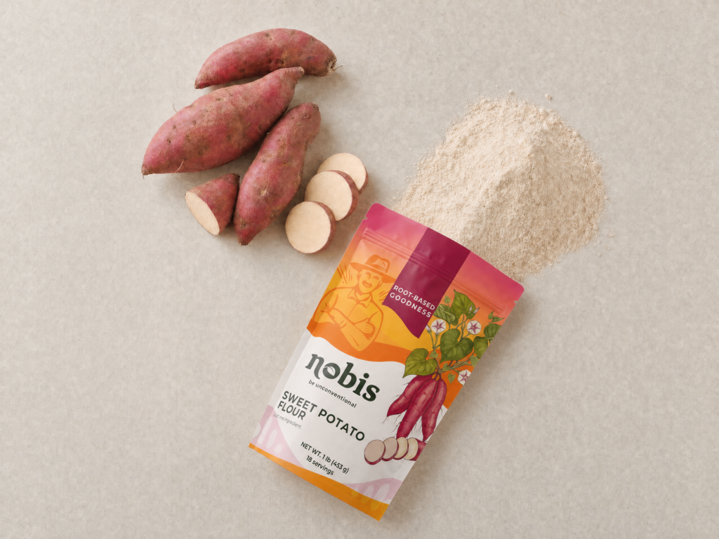 Rubissol sweet potatoes, slices and flour next to the sweet potato flour pouch